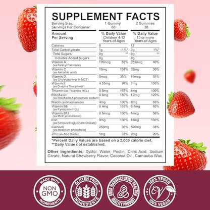 Eisen-Gummibärchen für Kinder mit Calcium, Zink – Multivitamin mit Eisen, Immununterstützung, Blutbildung & Energie – Vegan, 60 Stück
