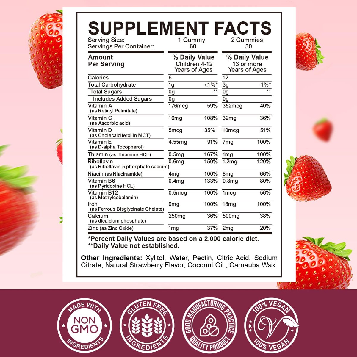 Eisen-Gummibärchen für Kinder mit Calcium, Zink – Multivitamin mit Eisen, Immununterstützung, Blutbildung & Energie – Vegan, 60 Stück