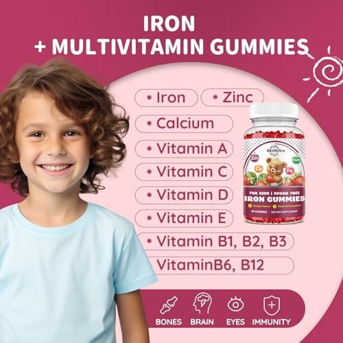 Eisen-Gummibärchen für Kinder mit Calcium, Zink – Multivitamin mit Eisen, Immununterstützung, Blutbildung & Energie – Vegan, 60 Stück