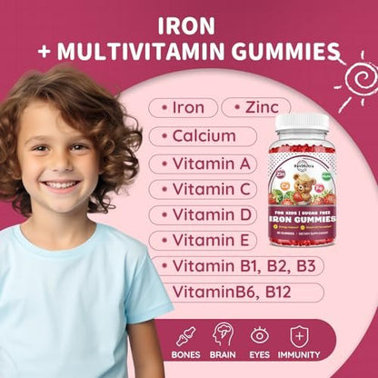 Eisen-Gummibärchen für Kinder mit Calcium, Zink – Multivitamin mit Eisen, Immununterstützung, Blutbildung & Energie – Vegan, 60 Stück