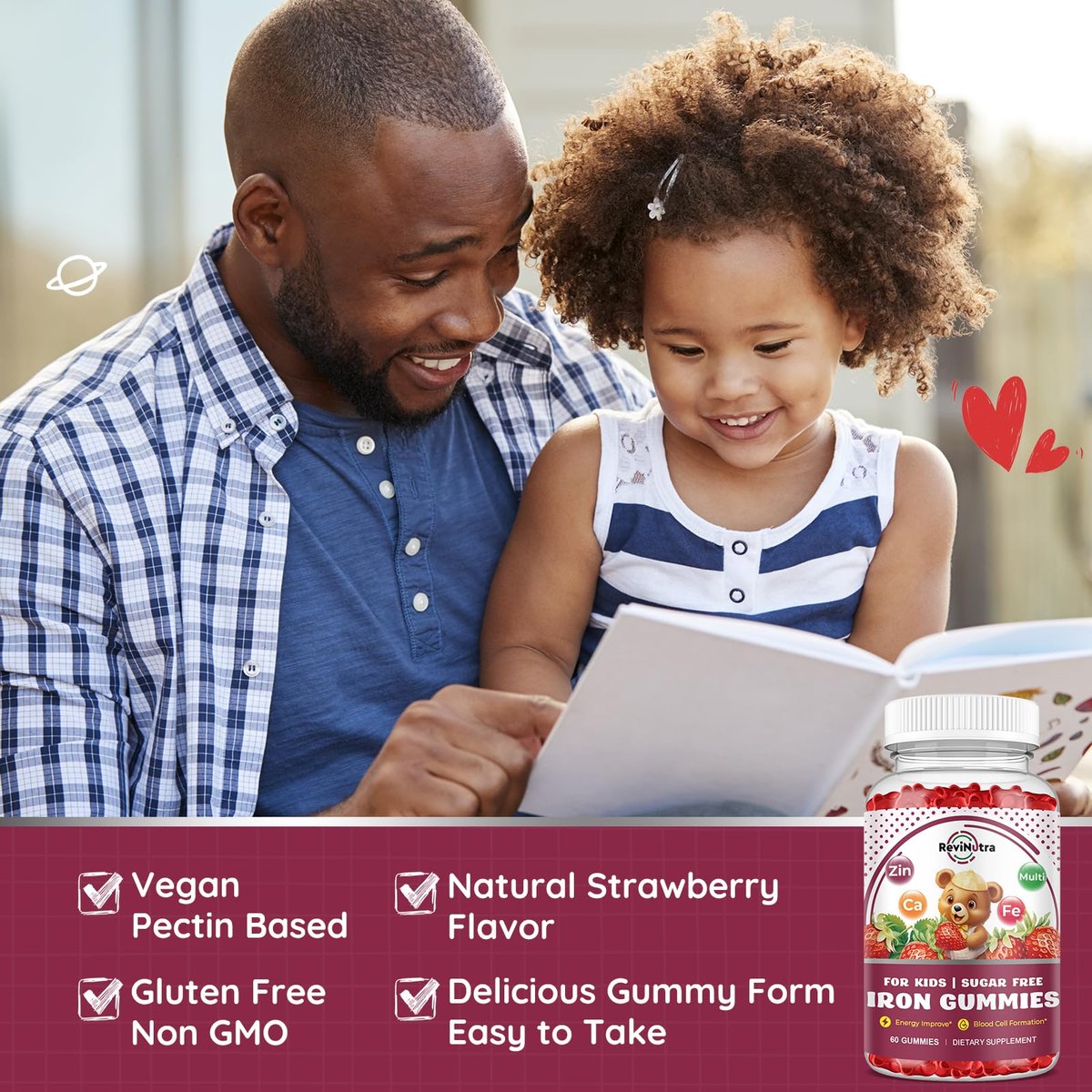 Eisen-Gummibärchen für Kinder mit Calcium, Zink – Multivitamin mit Eisen, Immununterstützung, Blutbildung & Energie – Vegan, 60 Stück