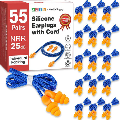 AZEN 55 Paar Silikon-Ohrstöpsel, wiederverwendbare Gehörschutzstöpsel mit Kordel, 25 dB NRR, geräuschunterdrückend, Schlaf-Ohrstöpsel, Einzelverpackung