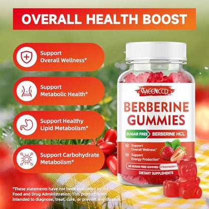 MEENCCD Berberine Gummis mit Ceylon-Zimt, Berberin HCL Nahrungsergänzung für Immununterstützung, Zuckerfrei, Vegan, Erdbeergeschmack, 60 Stück