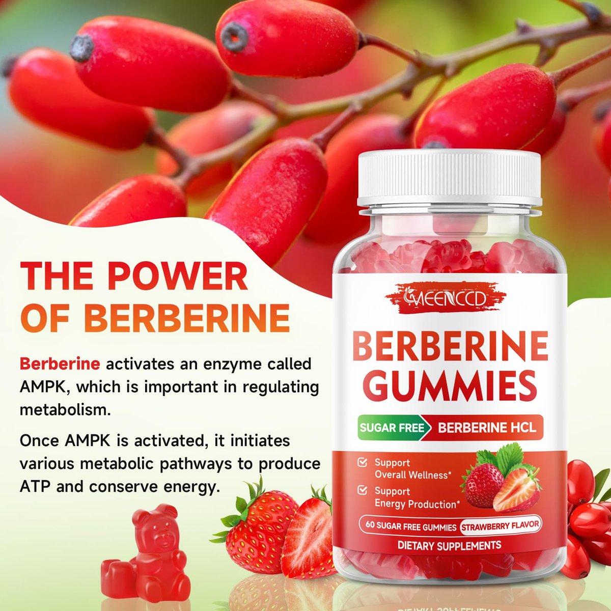 MEENCCD Berberine Gummis mit Ceylon-Zimt, Berberin HCL Nahrungsergänzung für Immununterstützung, Zuckerfrei, Vegan, Erdbeergeschmack, 60 Stück