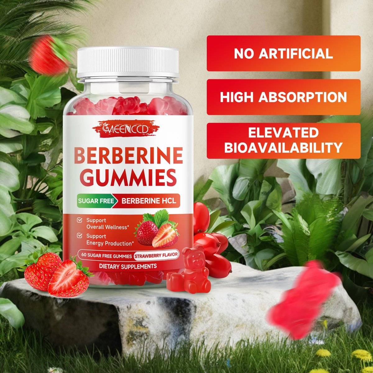 MEENCCD Berberine Gummis mit Ceylon-Zimt, Berberin HCL Nahrungsergänzung für Immununterstützung, Zuckerfrei, Vegan, Erdbeergeschmack, 60 Stück