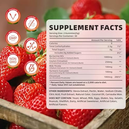 MEENCCD Berberine Gummis mit Ceylon-Zimt, Berberin HCL Nahrungsergänzung für Immununterstützung, Zuckerfrei, Vegan, Erdbeergeschmack, 60 Stück