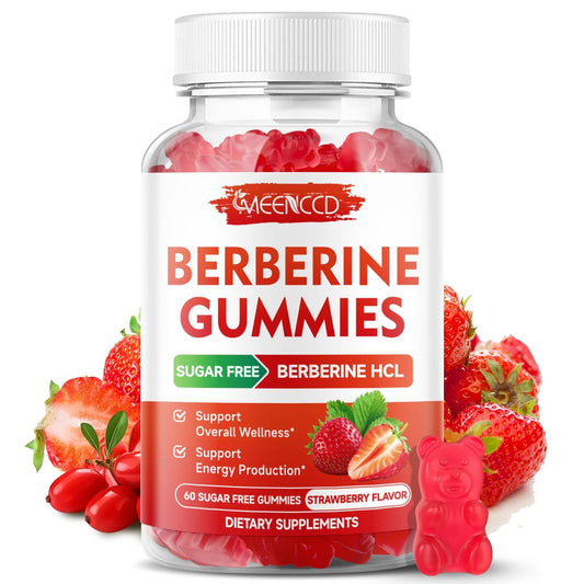 MEENCCD Berberine Gummis mit Ceylon-Zimt, Berberin HCL Nahrungsergänzung für Immununterstützung, Zuckerfrei, Vegan, Erdbeergeschmack, 60 Stück