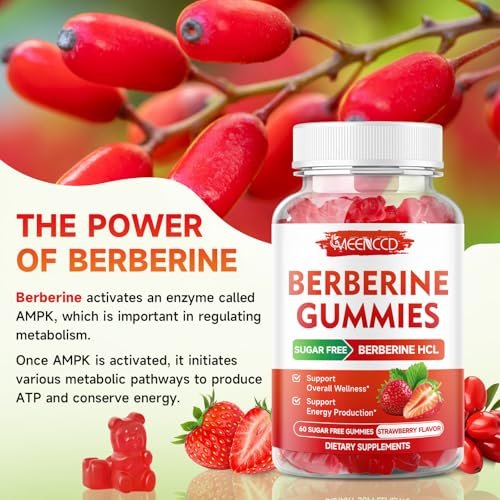 MEENCCD Berberine Gummis mit Ceylon-Zimt, Berberin HCL Nahrungsergänzung für Immununterstützung, Zuckerfrei, Vegan, Erdbeergeschmack, 60 Stück