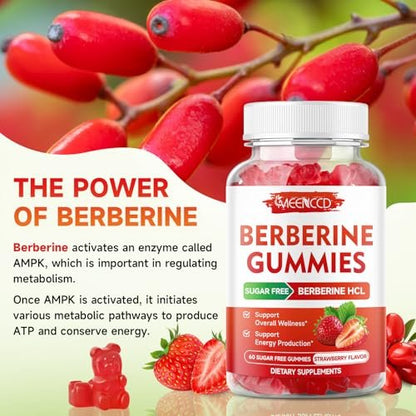 MEENCCD Berberine Gummis mit Ceylon-Zimt, Berberin HCL Nahrungsergänzung für Immununterstützung, Zuckerfrei, Vegan, Erdbeergeschmack, 60 Stück