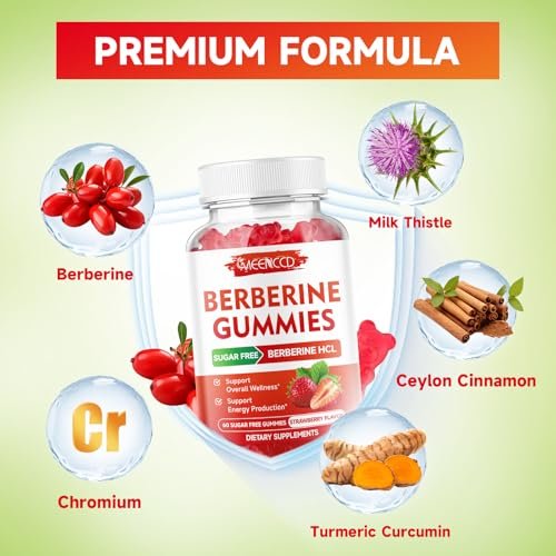 MEENCCD Berberine Gummis mit Ceylon-Zimt, Berberin HCL Nahrungsergänzung für Immununterstützung, Zuckerfrei, Vegan, Erdbeergeschmack, 60 Stück