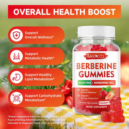 MEENCCD Berberine Gummis mit Ceylon-Zimt, Berberin HCL Nahrungsergänzung für Immununterstützung, Zuckerfrei, Vegan, Erdbeergeschmack, 60 Stück