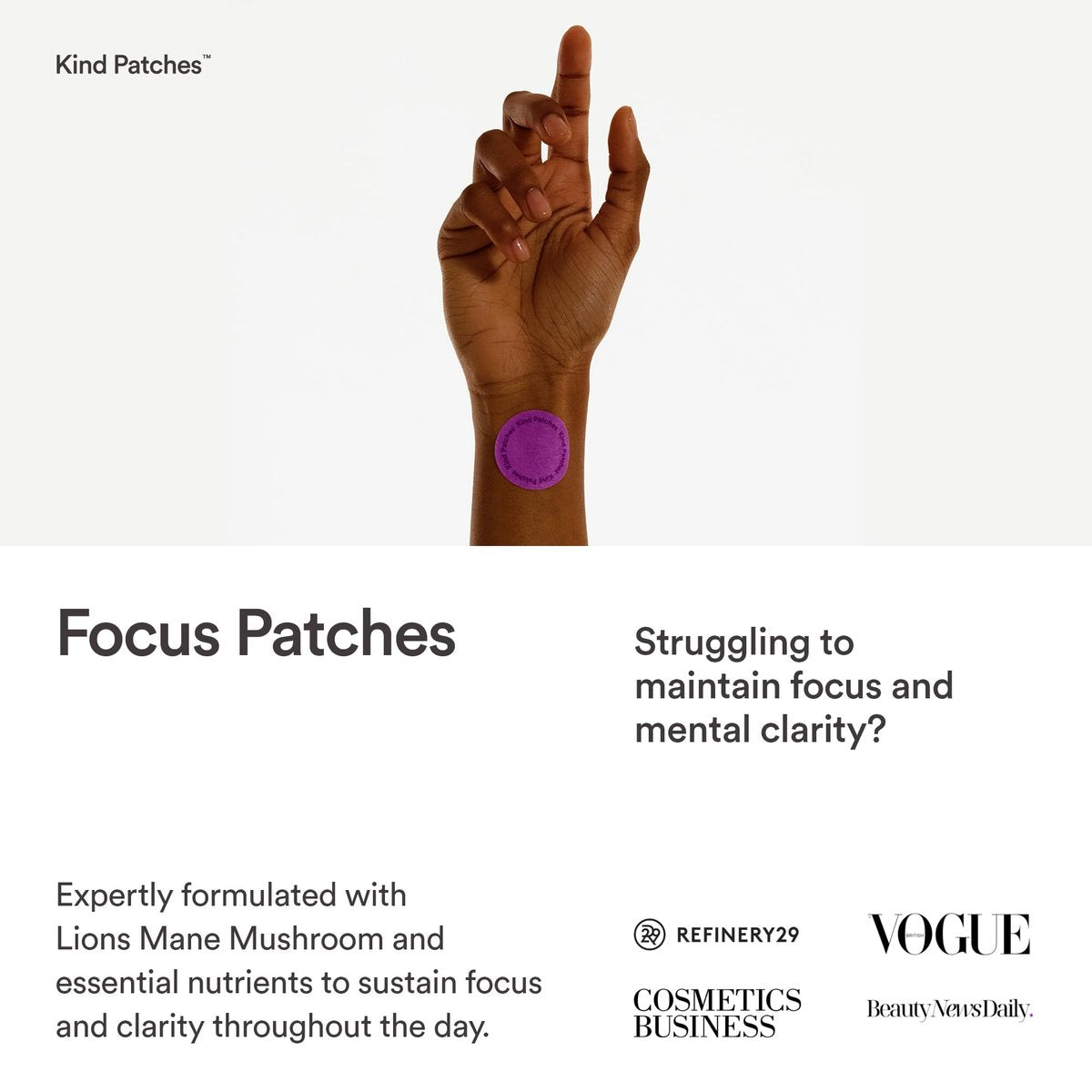 Kind Patches Focus Patches – Mentale Klarheit & kognitive Leistungsfähigkeit – Steigern Sie Ihre Produktivität mit Omega 3, Löwenmähne, L-Theanin, Ginseng – 30 Stück