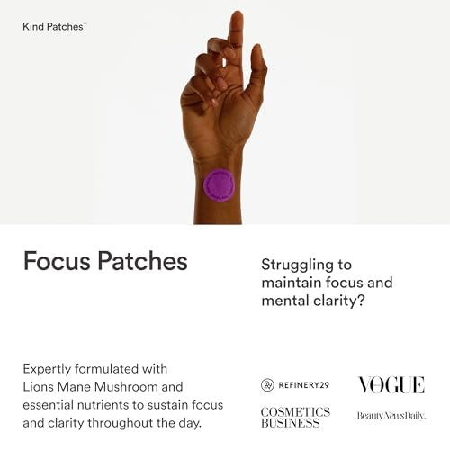 Kind Patches Focus Patches – Mentale Klarheit & kognitive Leistungsfähigkeit – Steigern Sie Ihre Produktivität mit Omega 3, Löwenmähne, L-Theanin, Ginseng – 30 Stück