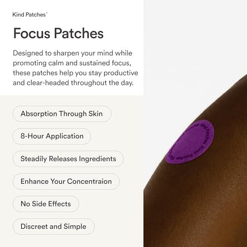 Kind Patches Focus Patches – Mentale Klarheit & kognitive Leistungsfähigkeit – Steigern Sie Ihre Produktivität mit Omega 3, Löwenmähne, L-Theanin, Ginseng – 30 Stück