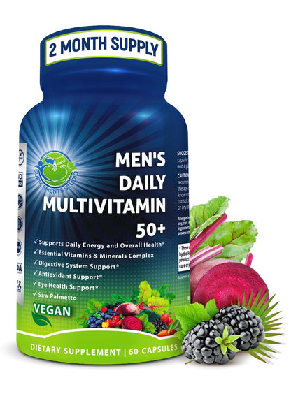 Men's Daily Multivitamin 50 Plus - Vegane methylierte Multivitamine für Männer ab 50 - Sägepalme, Biotin, Bio-Superfoods, Lutein - Unterstützung für Augen, Energie, Darm, Gesundheit - Leicht zu schluckende Kapseln