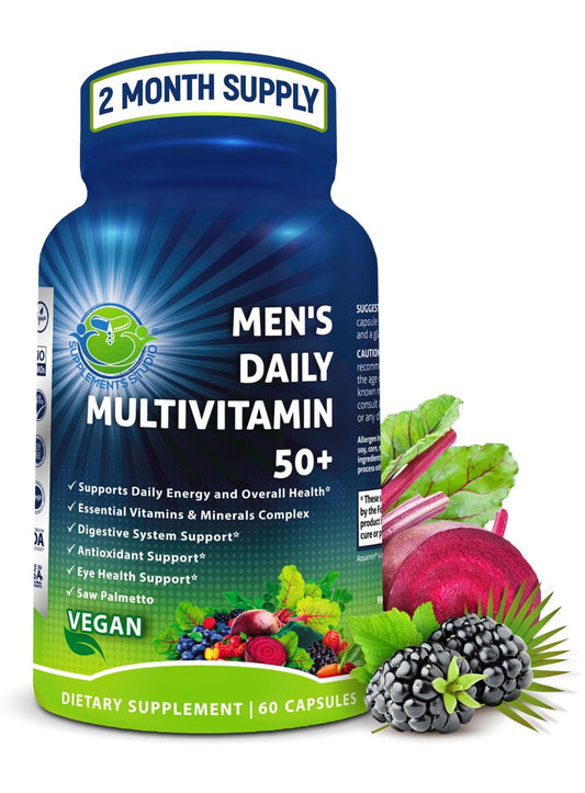 Men's Daily Multivitamin 50 Plus - Vegane methylierte Multivitamine für Männer ab 50 - Sägepalme, Biotin, Bio-Superfoods, Lutein - Unterstützung für Augen, Energie, Darm, Gesundheit - Leicht zu schluckende Kapseln