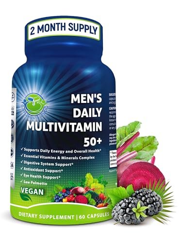 Men's Daily Multivitamin 50 Plus - Vegane methylierte Multivitamine für Männer ab 50 - Sägepalme, Biotin, Bio-Superfoods, Lutein - Unterstützung für Augen, Energie, Darm, Gesundheit - Leicht zu schluckende Kapseln