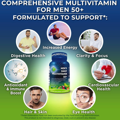 Men's Daily Multivitamin 50 Plus - Vegane methylierte Multivitamine für Männer ab 50 - Sägepalme, Biotin, Bio-Superfoods, Lutein - Unterstützung für Augen, Energie, Darm, Gesundheit - Leicht zu schluckende Kapseln