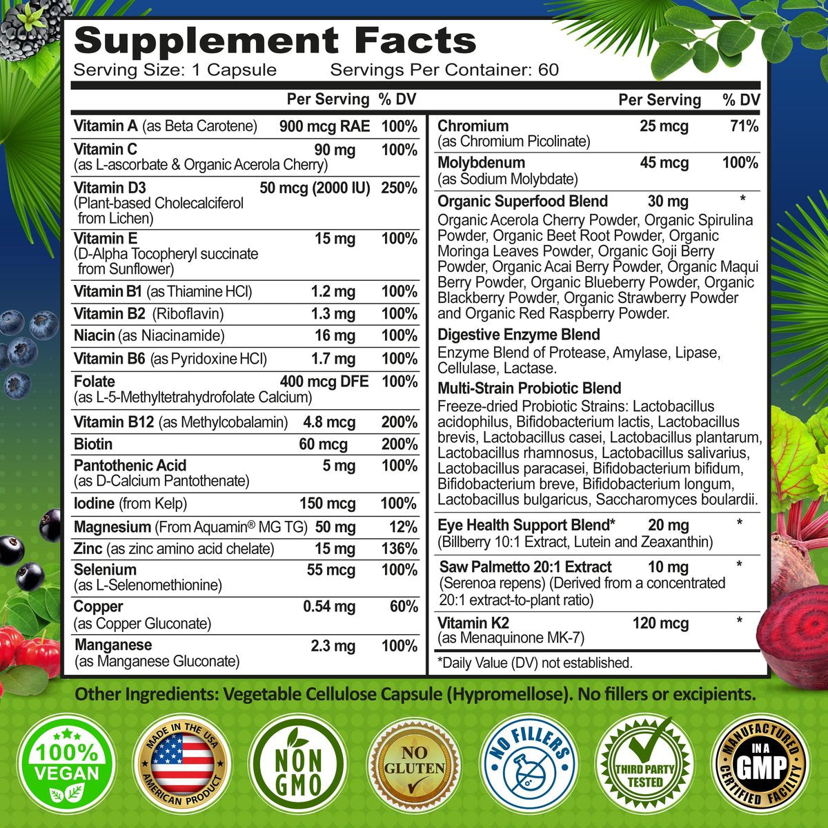 Men's Daily Multivitamin 50 Plus - Vegane methylierte Multivitamine für Männer ab 50 - Sägepalme, Biotin, Bio-Superfoods, Lutein - Unterstützung für Augen, Energie, Darm, Gesundheit - Leicht zu schluckende Kapseln