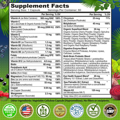 Men's Daily Multivitamin 50 Plus - Vegane methylierte Multivitamine für Männer ab 50 - Sägepalme, Biotin, Bio-Superfoods, Lutein - Unterstützung für Augen, Energie, Darm, Gesundheit - Leicht zu schluckende Kapseln