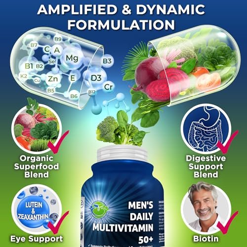 Men's Daily Multivitamin 50 Plus - Vegane methylierte Multivitamine für Männer ab 50 - Sägepalme, Biotin, Bio-Superfoods, Lutein - Unterstützung für Augen, Energie, Darm, Gesundheit - Leicht zu schluckende Kapseln