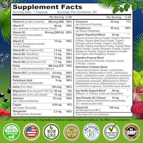 Men's Daily Multivitamin 50 Plus - Vegane methylierte Multivitamine für Männer ab 50 - Sägepalme, Biotin, Bio-Superfoods, Lutein - Unterstützung für Augen, Energie, Darm, Gesundheit - Leicht zu schluckende Kapseln