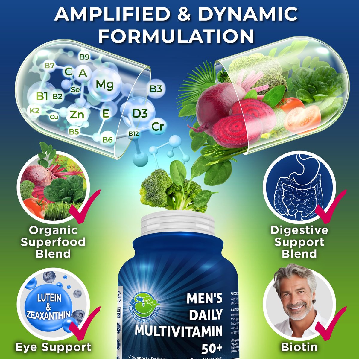 Men's Daily Multivitamin 50 Plus - Vegane methylierte Multivitamine für Männer ab 50 - Sägepalme, Biotin, Bio-Superfoods, Lutein - Unterstützung für Augen, Energie, Darm, Gesundheit - Leicht zu schluckende Kapseln