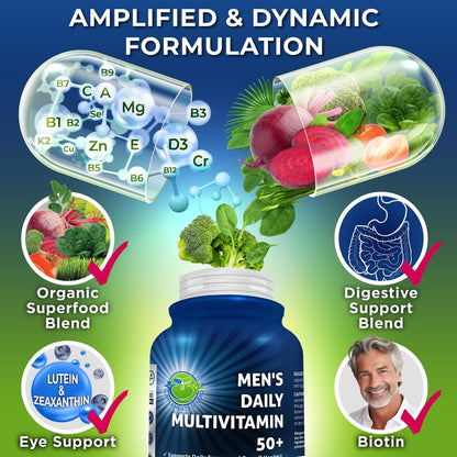 Men's Daily Multivitamin 50 Plus - Vegane methylierte Multivitamine für Männer ab 50 - Sägepalme, Biotin, Bio-Superfoods, Lutein - Unterstützung für Augen, Energie, Darm, Gesundheit - Leicht zu schluckende Kapseln