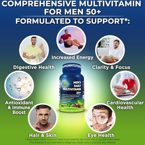 Men's Daily Multivitamin 50 Plus - Vegane methylierte Multivitamine für Männer ab 50 - Sägepalme, Biotin, Bio-Superfoods, Lutein - Unterstützung für Augen, Energie, Darm, Gesundheit - Leicht zu schluckende Kapseln