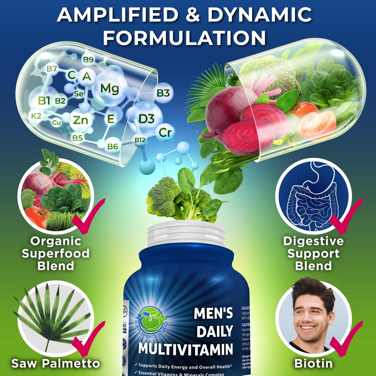 Tägliches Multivitamin für Männer – Veganes, methyliertes Multivitamin mit Sägepalme, Biotin, Bio-Superfoods, Probiotika & Enzymen – Unterstützung für Energie, Darm & optimale Gesundheit – Leicht zu schluckende Kapseln