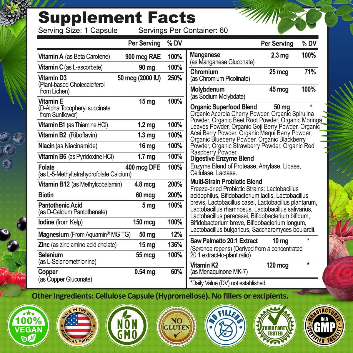 Tägliches Multivitamin für Männer – Veganes, methyliertes Multivitamin mit Sägepalme, Biotin, Bio-Superfoods, Probiotika & Enzymen – Unterstützung für Energie, Darm & optimale Gesundheit – Leicht zu schluckende Kapseln