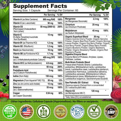 Tägliches Multivitamin für Männer – Veganes, methyliertes Multivitamin mit Sägepalme, Biotin, Bio-Superfoods, Probiotika & Enzymen – Unterstützung für Energie, Darm & optimale Gesundheit – Leicht zu schluckende Kapseln