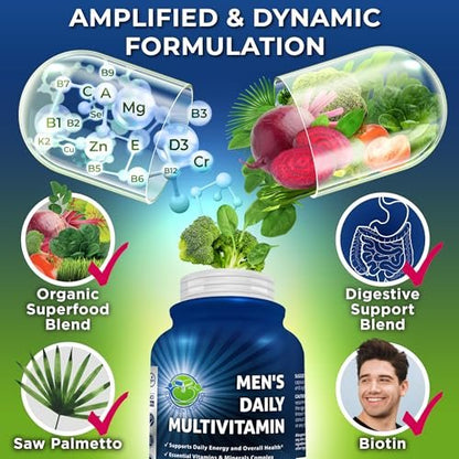Tägliches Multivitamin für Männer – Veganes, methyliertes Multivitamin mit Sägepalme, Biotin, Bio-Superfoods, Probiotika & Enzymen – Unterstützung für Energie, Darm & optimale Gesundheit – Leicht zu schluckende Kapseln