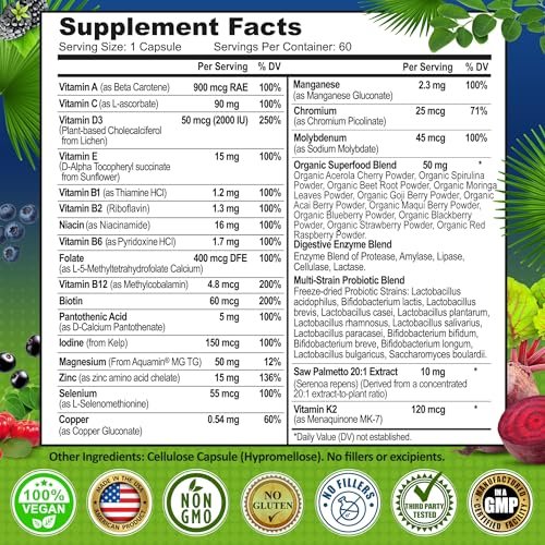 Men's Daily Multivitamin 50 Plus - Vegane methylierte Multivitamine für Männer ab 50 - Sägepalme, Biotin, Bio-Superfoods, Lutein - Unterstützung für Augen, Energie, Darm, Gesundheit - Leicht zu schluckende Kapseln