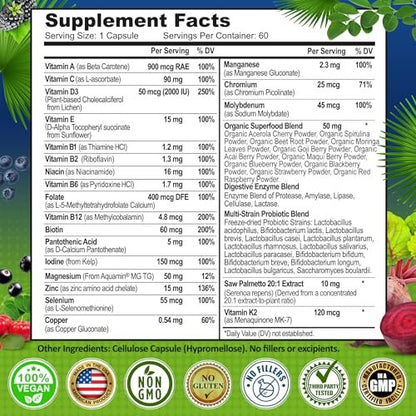 Men's Daily Multivitamin 50 Plus - Vegane methylierte Multivitamine für Männer ab 50 - Sägepalme, Biotin, Bio-Superfoods, Lutein - Unterstützung für Augen, Energie, Darm, Gesundheit - Leicht zu schluckende Kapseln