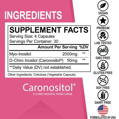 Myo-Inositol & D-Chiro Inositol Kapseln - 40:1 Verhältnis Inositol Supplement für Frauen 2050mg mit Vitamin B8 - Natürliche Nahrungsergänzung für Frauenunterstützung & Frauengesundheit 120 Kapseln