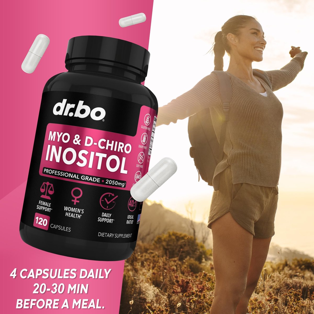Myo-Inositol & D-Chiro Inositol Kapseln - 40:1 Verhältnis Inositol Supplement für Frauen 2050mg mit Vitamin B8 - Natürliche Nahrungsergänzung für Frauenunterstützung & Frauengesundheit 120 Kapseln