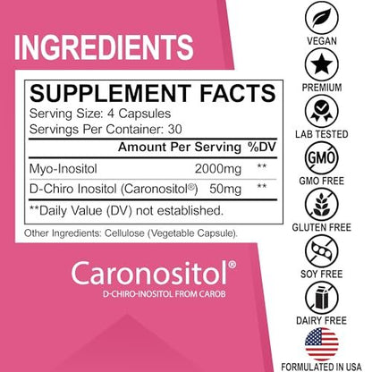 Myo-Inositol & D-Chiro Inositol Kapseln - 40:1 Verhältnis Inositol Supplement für Frauen 2050mg mit Vitamin B8 - Natürliche Nahrungsergänzung für Frauenunterstützung & Frauengesundheit 120 Kapseln