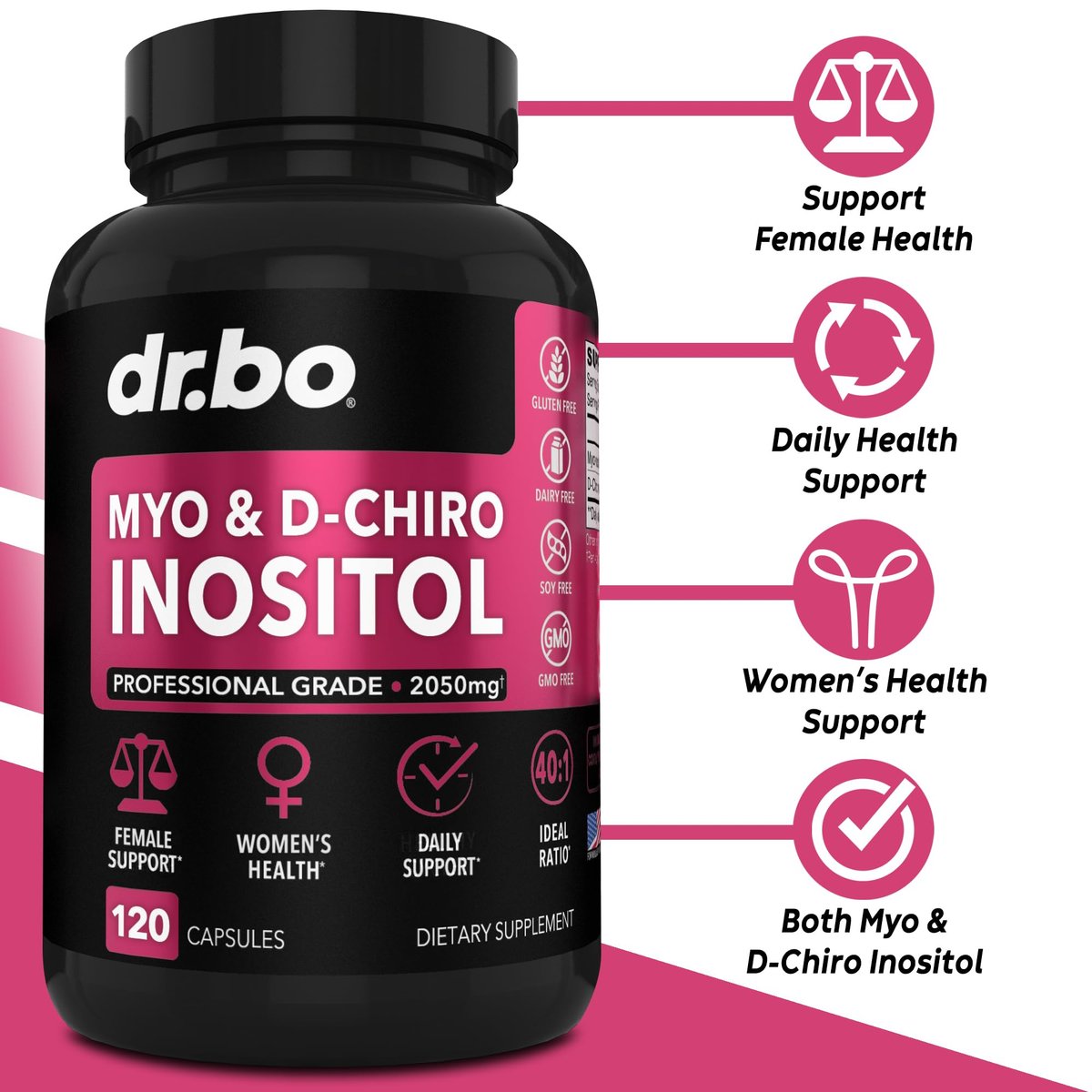 Myo-Inositol & D-Chiro Inositol Kapseln - 40:1 Verhältnis Inositol Supplement für Frauen 2050mg mit Vitamin B8 - Natürliche Nahrungsergänzung für Frauenunterstützung & Frauengesundheit 120 Kapseln