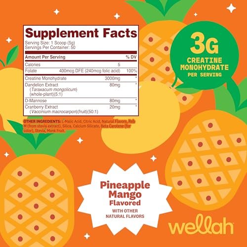 Wellah Creatin für Frauen – Creatin-Monohydrat mit Löwenzahn & Cranberry-Extrakt (50 Portionen, Ananas-Mango)