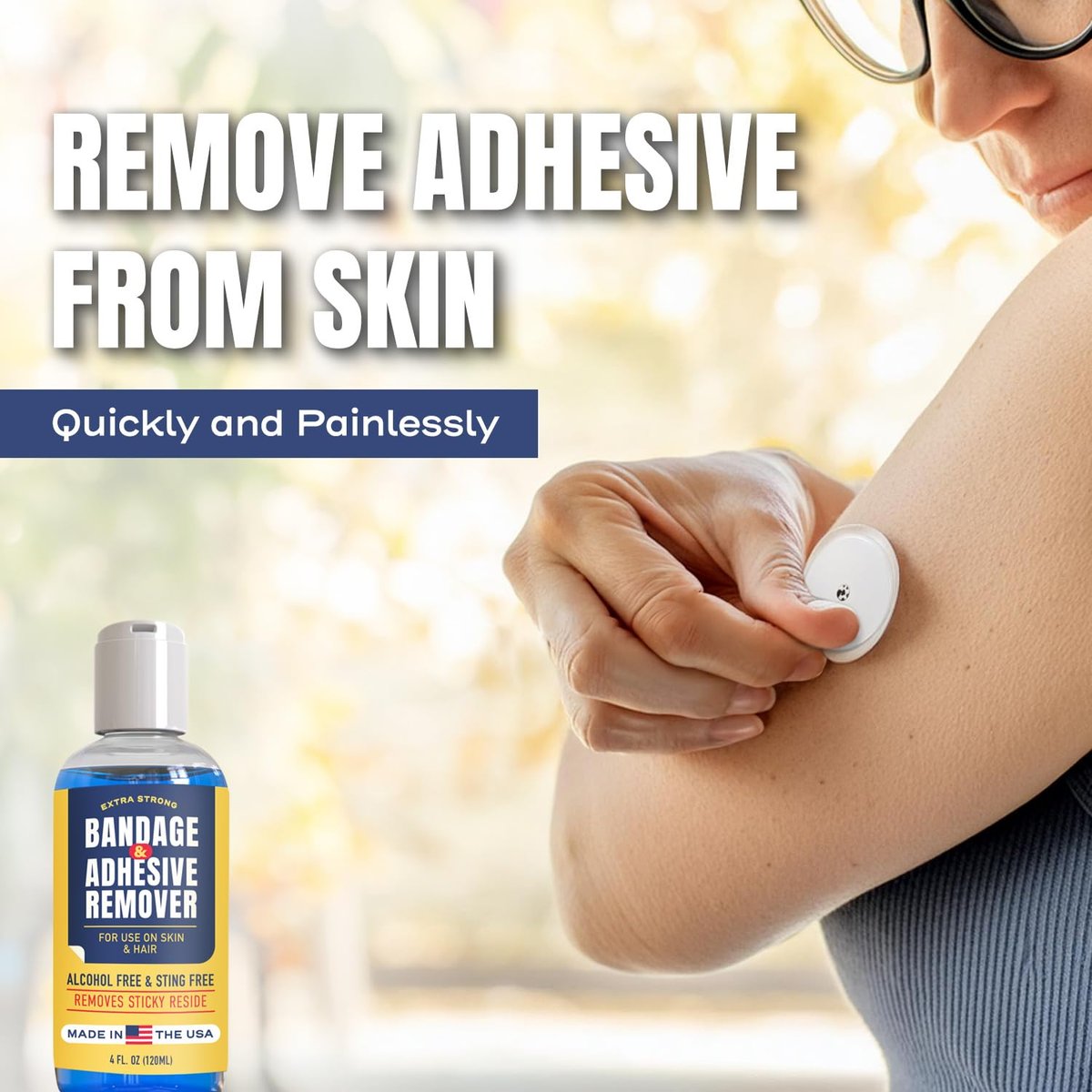 Sting-Free Adhesive Remover - 4 oz Sanfter & Schmerzfreier Pflasterentferner für empfindliche Haut, Sporttape, Dialysezugänge, kontinuierliche Blutzuckermessung und Stomaversorgung