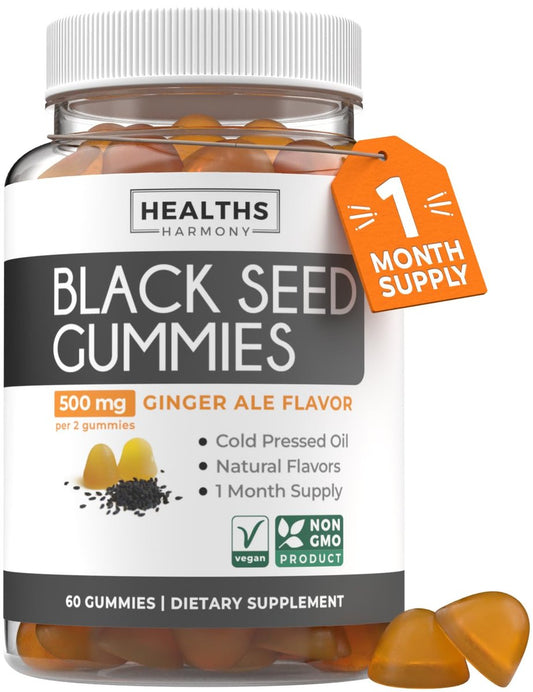 Schwarzkümmelöl Gummibärchen mit natürlichem Ingwer-Ale-Geschmack – 500 mg pro 2er-Portion, nicht-GVO, vegan
