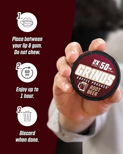 Grinds Coffee Pouches | Root Beer Geschmack | 3 Dosen | Koffein-Kaffeebeutel ohne Brühen | 18 Beutel pro Dose