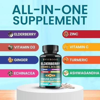 VITBOOST Holunder Immunsystem Unterstützung 8-in-1 Komplex mit Echinacea, Vitamin C & Zink, Vitamin D 5000 IE, Kurkuma, Ingwer, Ashwagandha – 60 Kapseln