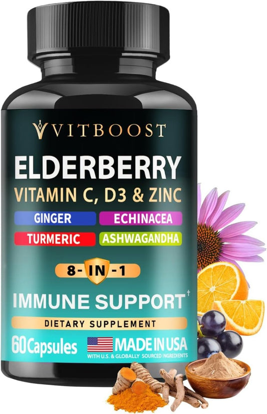 VITBOOST Holunder Immunsystem Unterstützung 8-in-1 Komplex mit Echinacea, Vitamin C & Zink, Vitamin D 5000 IE, Kurkuma, Ingwer, Ashwagandha – 60 Kapseln