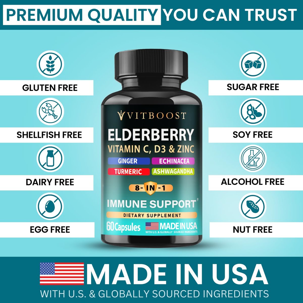 VITBOOST Holunder Immunsystem Unterstützung 8-in-1 Komplex mit Echinacea, Vitamin C & Zink, Vitamin D 5000 IE, Kurkuma, Ingwer, Ashwagandha – 60 Kapseln