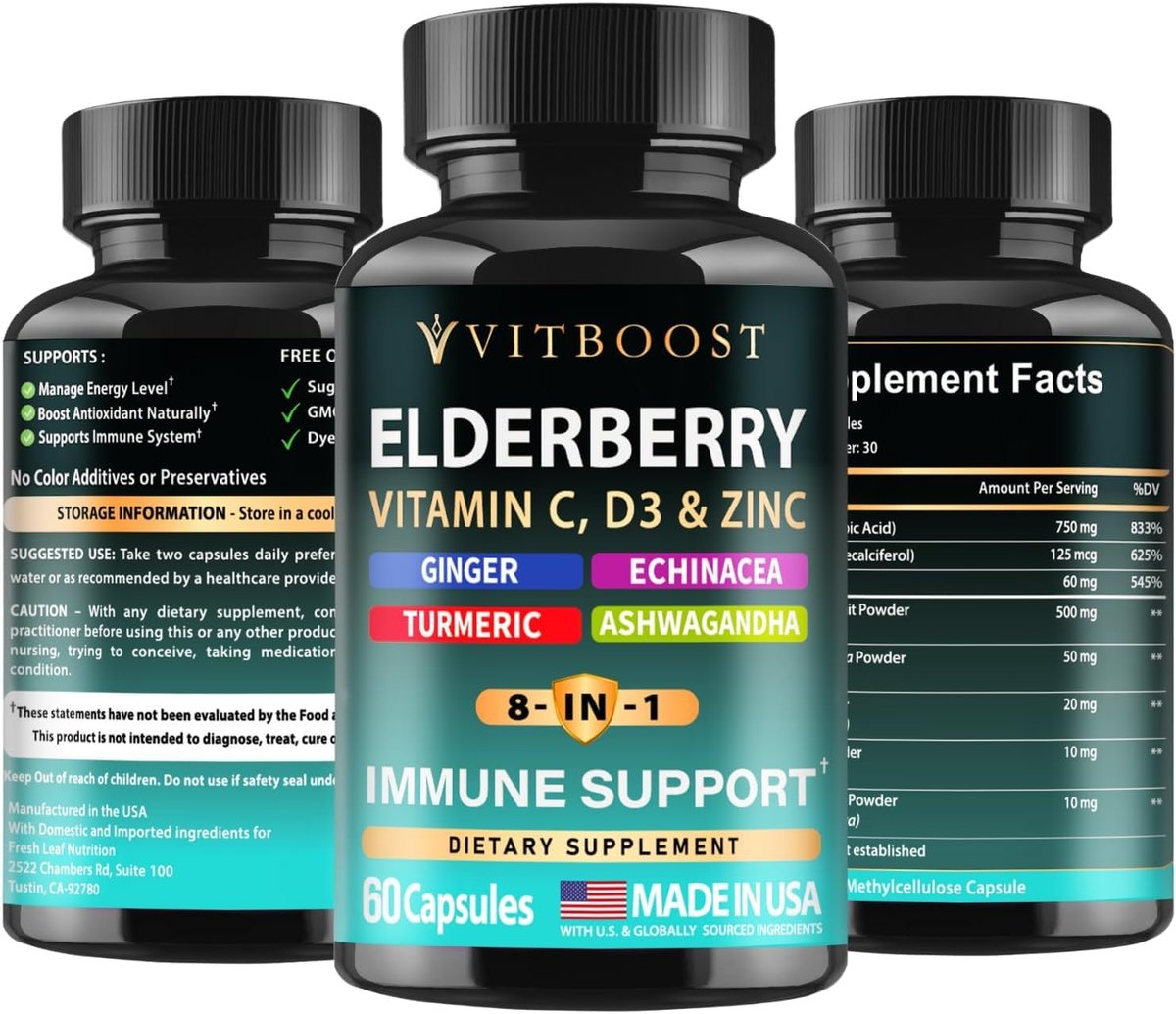 VITBOOST Holunder Immunsystem Unterstützung 8-in-1 Komplex mit Echinacea, Vitamin C & Zink, Vitamin D 5000 IE, Kurkuma, Ingwer, Ashwagandha – 60 Kapseln