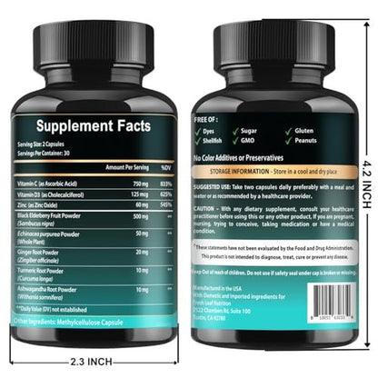 VITBOOST Holunder Immunsystem Unterstützung 8-in-1 Komplex mit Echinacea, Vitamin C & Zink, Vitamin D 5000 IE, Kurkuma, Ingwer, Ashwagandha – 60 Kapseln