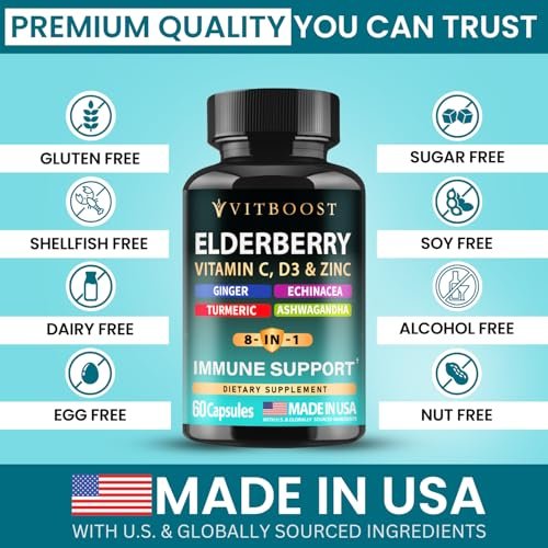 VITBOOST Holunder Immunsystem Unterstützung 8-in-1 Komplex mit Echinacea, Vitamin C & Zink, Vitamin D 5000 IE, Kurkuma, Ingwer, Ashwagandha – 60 Kapseln