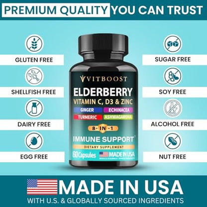 VITBOOST Holunder Immunsystem Unterstützung 8-in-1 Komplex mit Echinacea, Vitamin C & Zink, Vitamin D 5000 IE, Kurkuma, Ingwer, Ashwagandha – 60 Kapseln